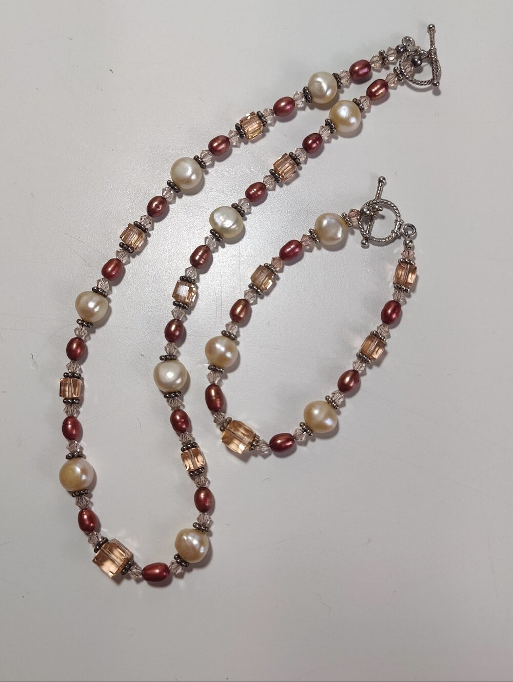925 Sterling Silver Pearl & Crystal Necklace Bracelet Set Pink Cream Peach